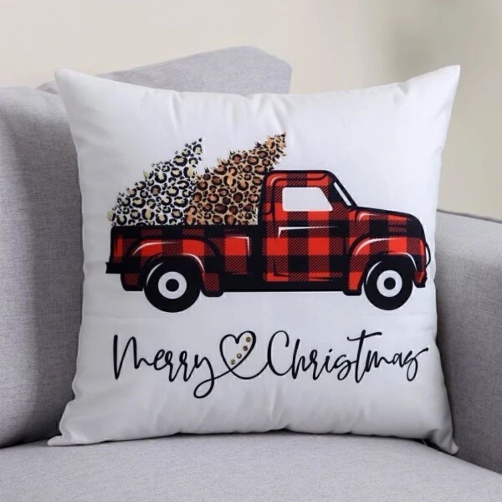 NEW! Farmhouse Merry Christmas Red Buffalo Plaid Truck Pillow COVER Holidays